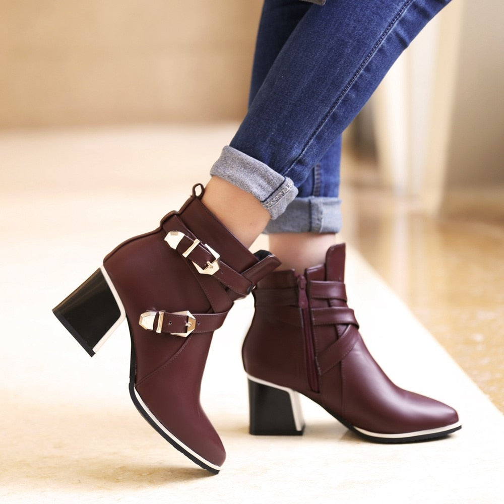 Pointed Toe Square Heel Women's Buckle Zipper High Heel Ankle Boots