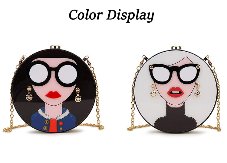 Cartoon Lady w/ Glasses Chain Clutch Purse