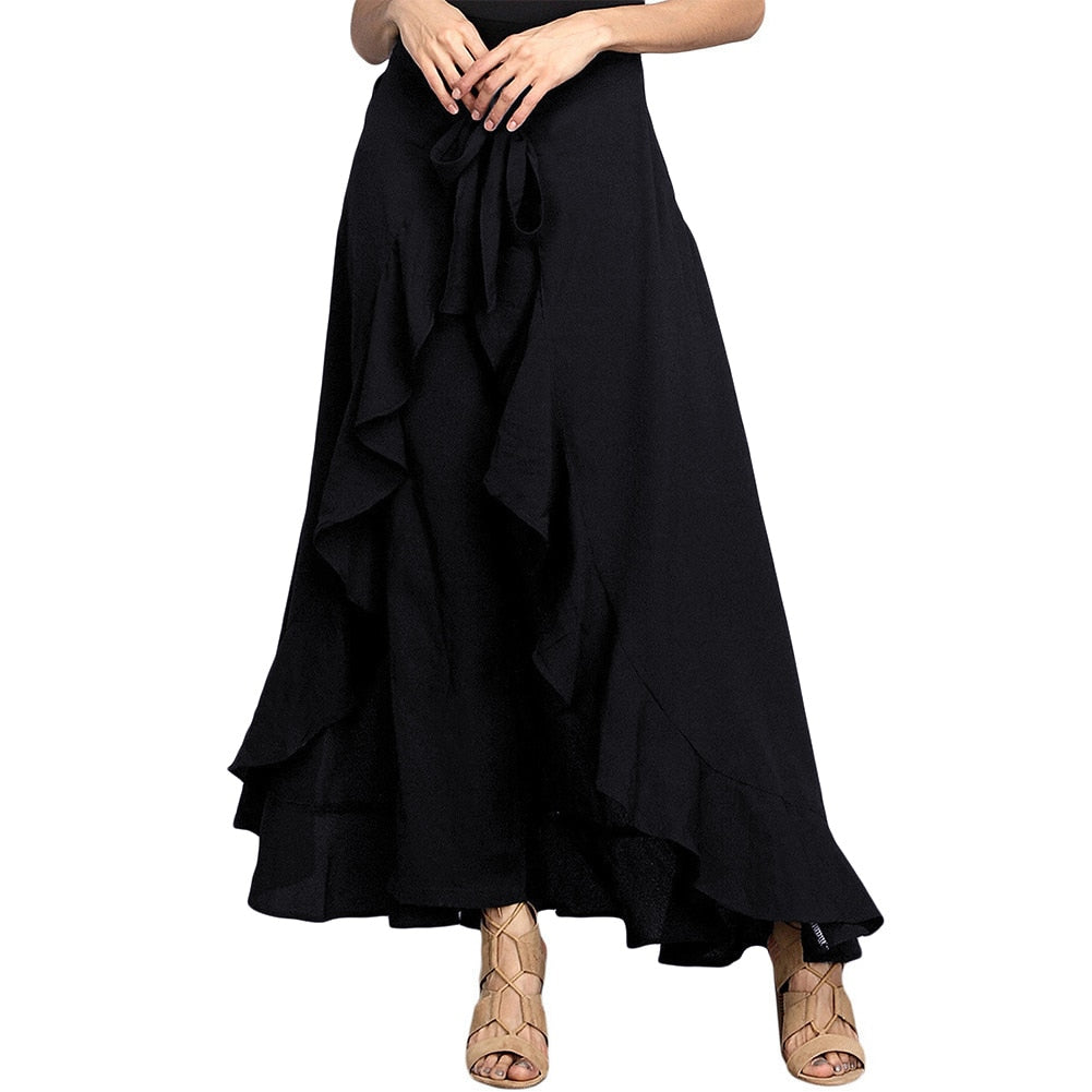 Palazzo Ruffle Drawstring High Waist Irregular Loose Pants w/ Attached Maxi Wrap Skirt to 3X