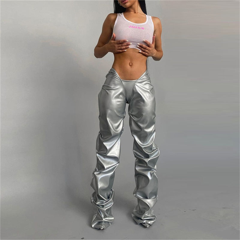 Solid Faux PU Leather Ruched Pants