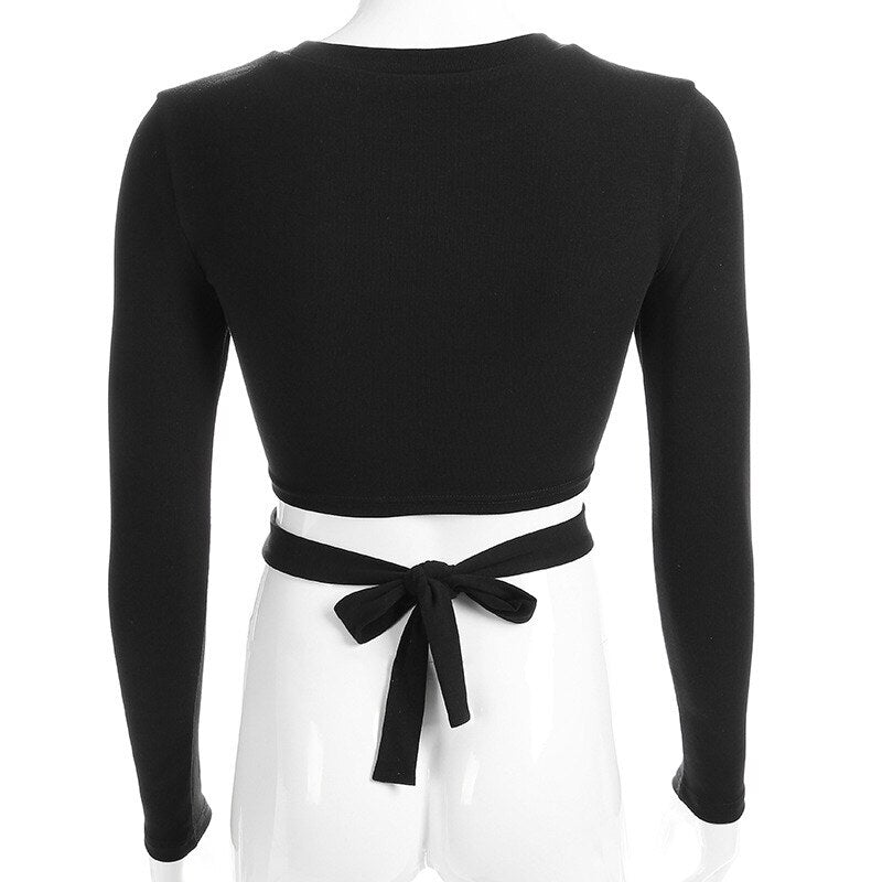 Ladies Black Long Sleeve Crop Criss Crop Top