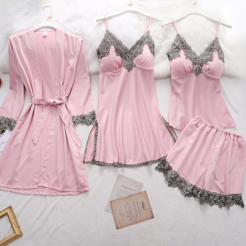 Satin 5-Piece Matching Women's Pajama Set: Robe, V-Neck Camisole, Pants Pants, Teddy Lingerie Top & Shorts