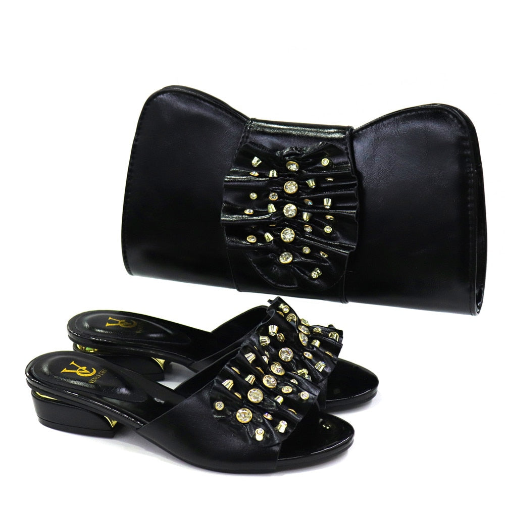 Solid Women's Italian Designer Leather Flat Buckle/Ruched Rhinestone Sandals & Matching Clutch Shoe & Purse Set