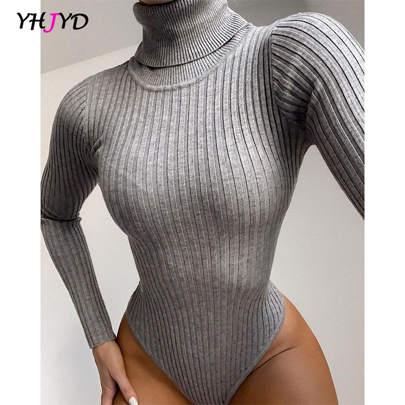 Ribbed Knitted Long Sleeve Turtleneck Bodysuit