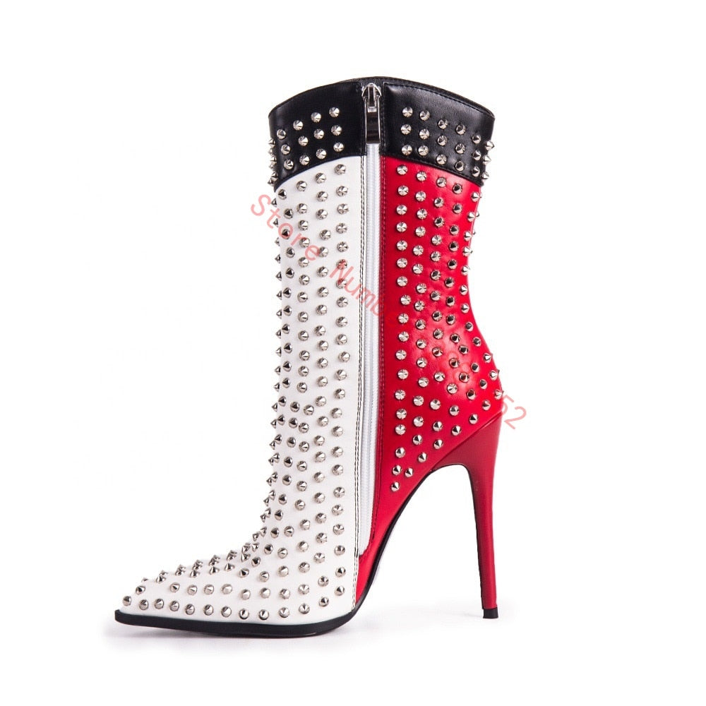 Studded Rivet Colorblock Rivet Super High Heel Ladies Ankle Boots