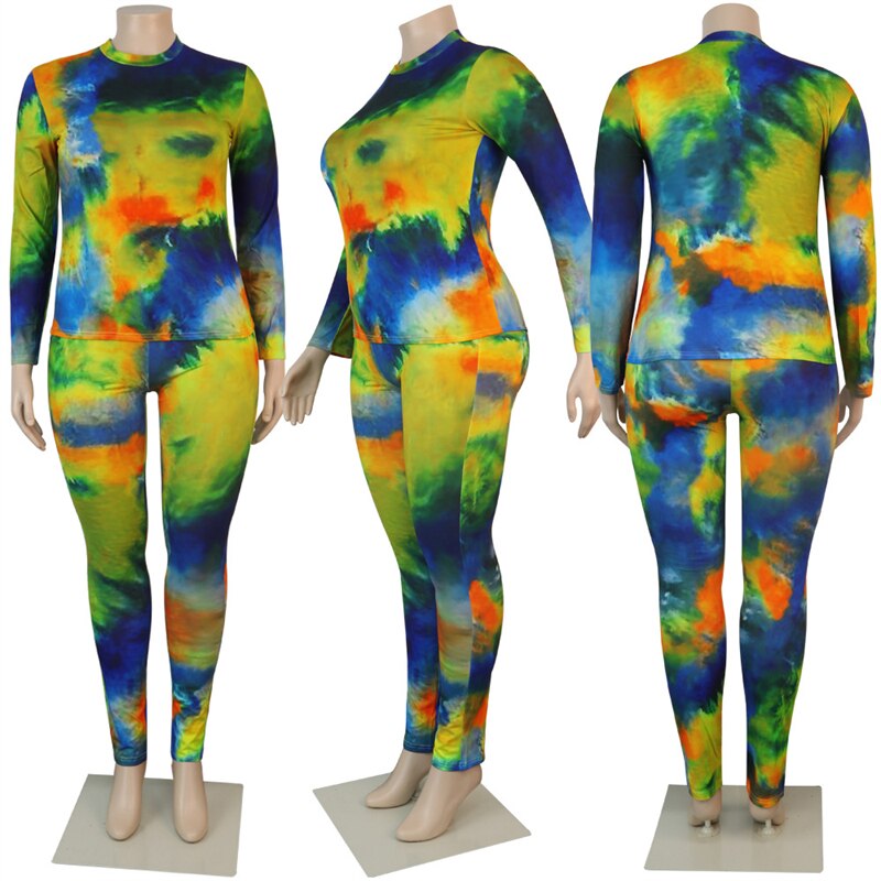 Plus Size Tie-Dye Long Sleeve Top and Legging Pants Set