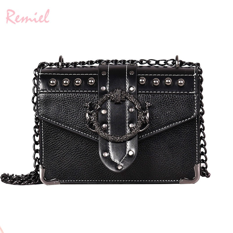 Square PU Leather Rivet Lock Chain Shoulder Messenger Bag