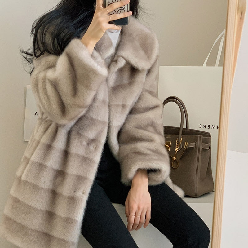 Faux Fur Mink Turn-Down Collar Plush Women's Jacket