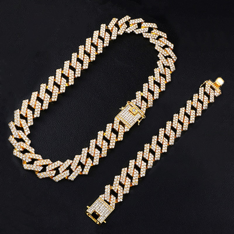 Hip-Hop Iced Rhinestone Prong Cuban Chain CZ Bling Chain + Bracelet + Watch 2-Piece & 3-Piece Jewelry Sets