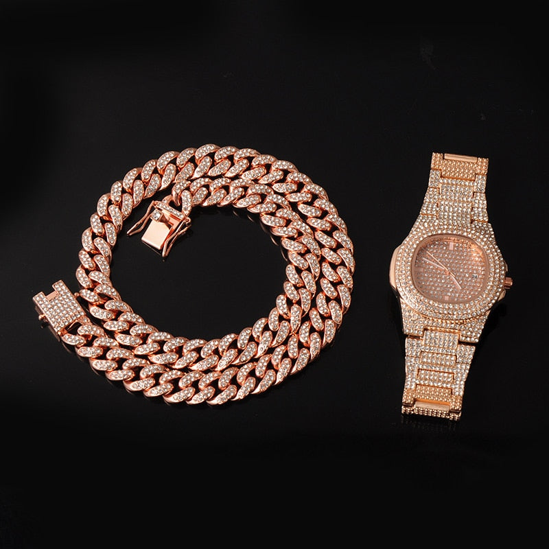 3-Piece Jewelry Hip Hop Gold Iced Out Paved Rhinestones CZ Bling  Sets: Cuban Chain, Watch & Bracelet