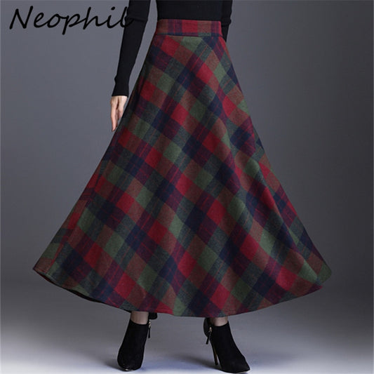 Wool Plus Size Plaid Pleated A-Line Maxi Tartan Skirt