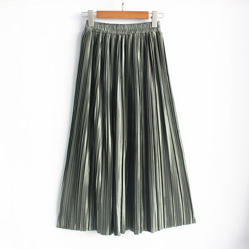 Satin Loose Pleated Solid Color High Waisted Maxi Skirt