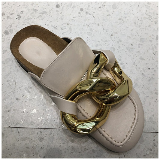 Gold Chain Design Round Toe Slip-On Flat Ladies Mules