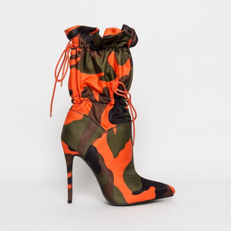 Colored Camoflauge Stiletto Lace Up Ladies Ankle Boots