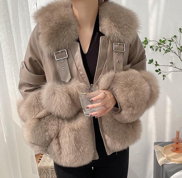 Fox Fur Short Sheepskin w/ Fox Fur Collar Buckle Heart Jacket