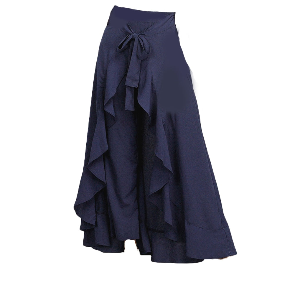 Palazzo Ruffle Drawstring High Waist Irregular Loose Pants w/ Attached Maxi Wrap Skirt to 3X