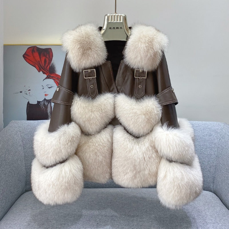 Fox Fur Short Sheepskin w/ Fox Fur Collar Buckle Heart Jacket