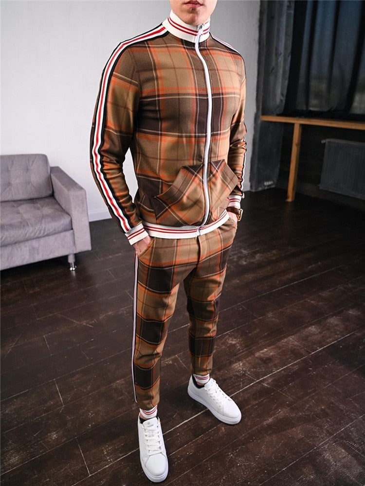 Men's Plaid/Geometric O-Neck Printed Zipper Jacket Tracksuits