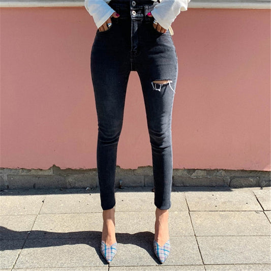 Ripped Button Ladies Skinny High Waist Pencil Denim Jeans