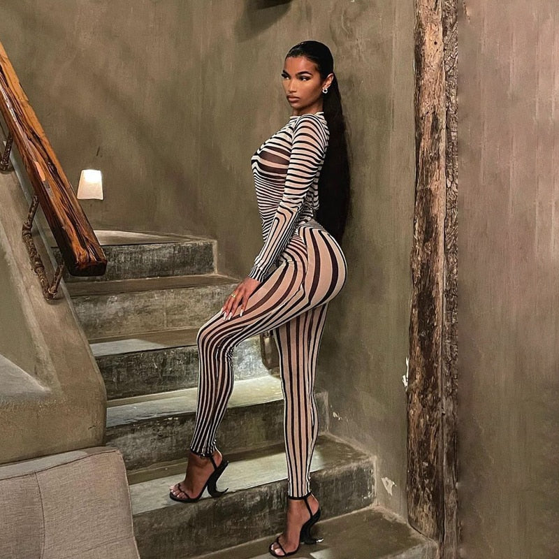 Mesh Striped Transparent Long Sleeve O-Neck 2-Piece Outfit