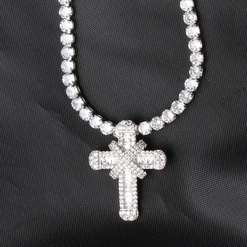 Unisex Cubic Zirconia Cross Tennis Pendant Necklace Chain