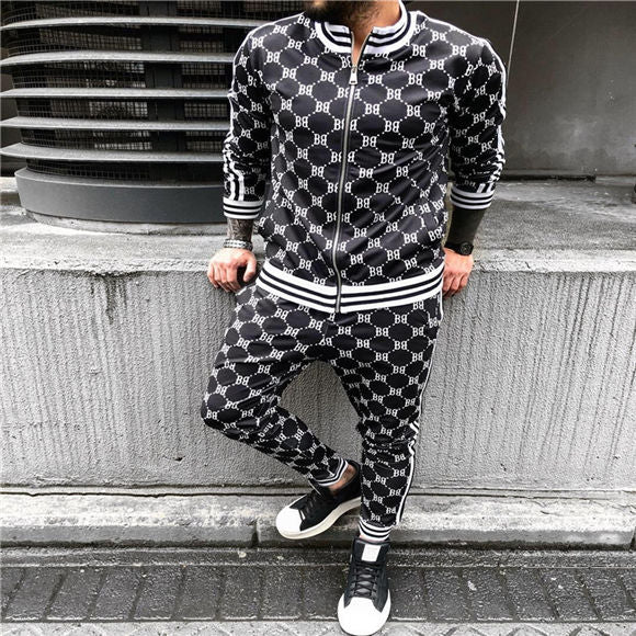 Men's Plaid/Geometric O-Neck Printed Zipper Jacket Tracksuits