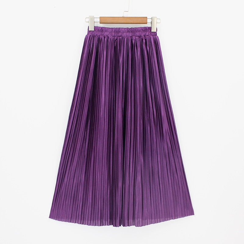 Satin Loose Pleated Solid Color High Waisted Maxi Skirt