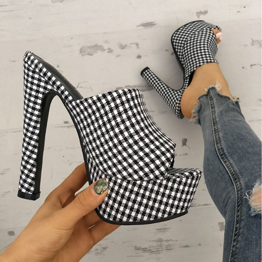 Houndstooth Plaid High Heel Platform Stiletto Mule Sandals