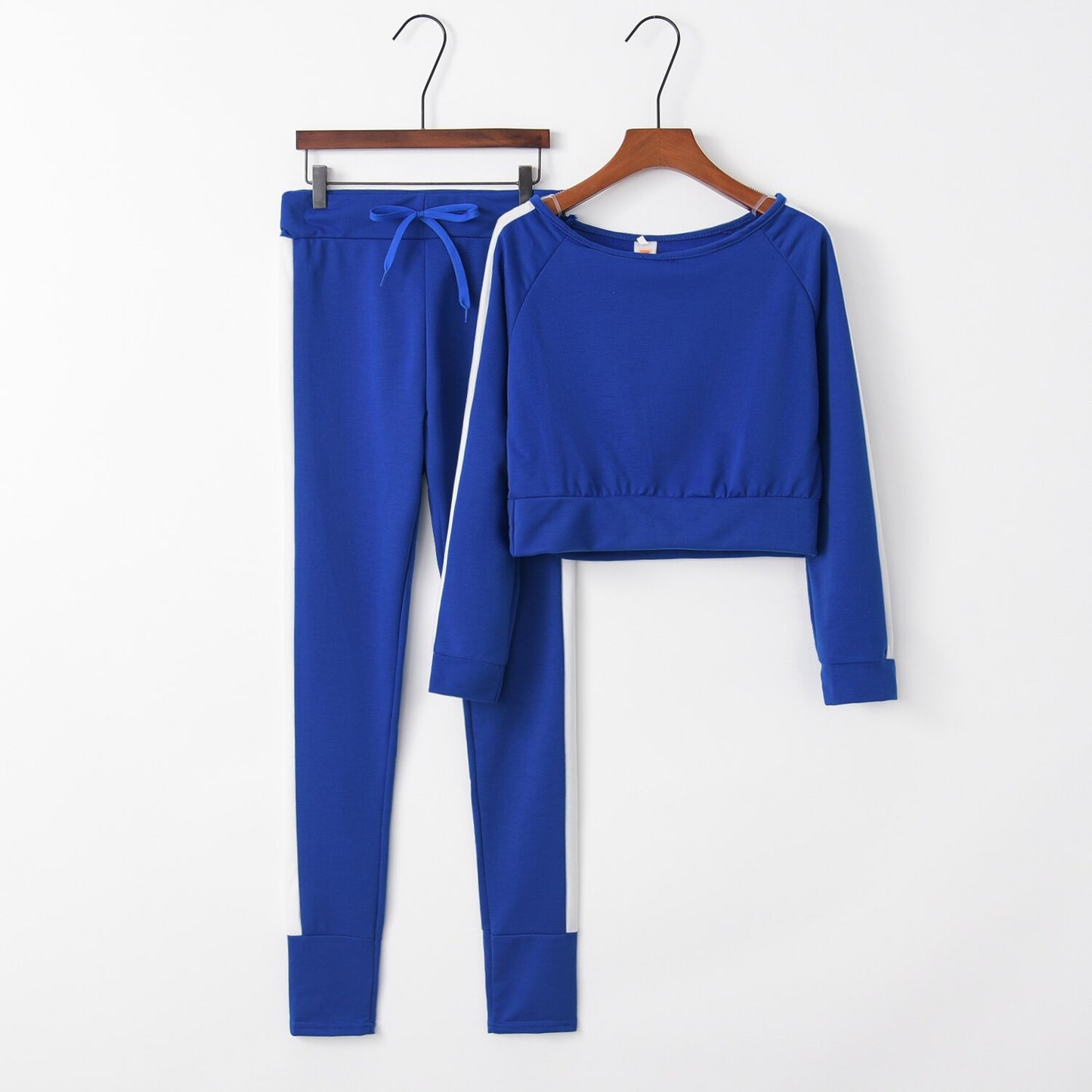 Patchwork Women's Set w/ Long Sleeve O-Neck Crop Top + Side Striped Sweatpants Tracksuit