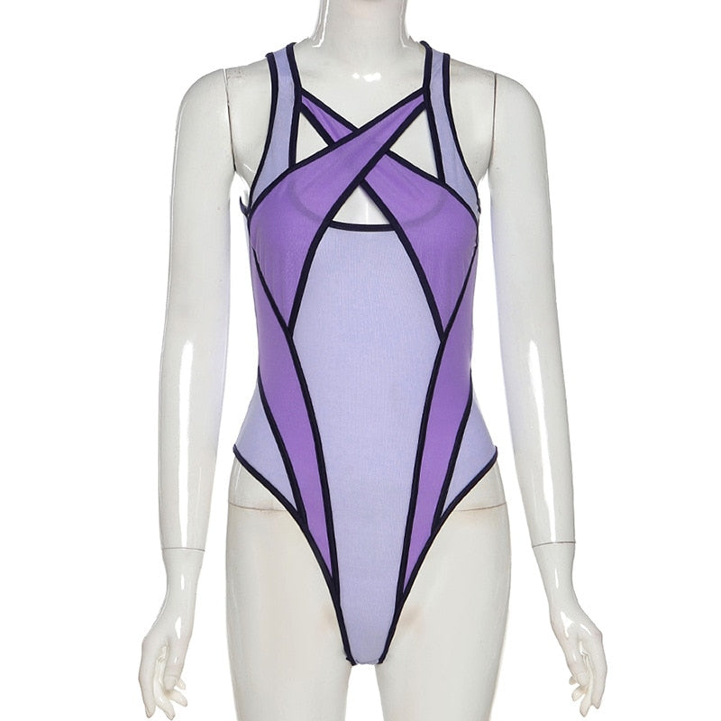 Transparent Mesh Hollow Out Patchwork Ladies Swimsuit