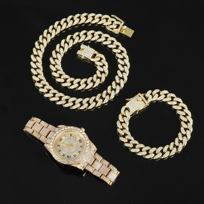 3-Piece Hip Hop/Rock Jewelry Sets: Bling Crystal AAA+ Rhinestone Iced Out Cuban Chain, Colored Watch + Bracelet