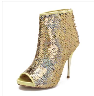 Peep Toe Stiletto Sequined Platform Ankle Boots