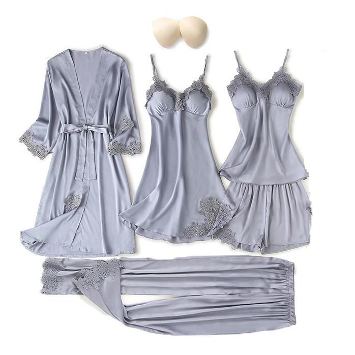 Satin Women's Sleepwear Set/Pajamas: Kimono Gown, Lace Intimate Lingerie Hollow Out Camisole, and Matching Lingerie Top w/ Shorts & Silky Pajama Pants