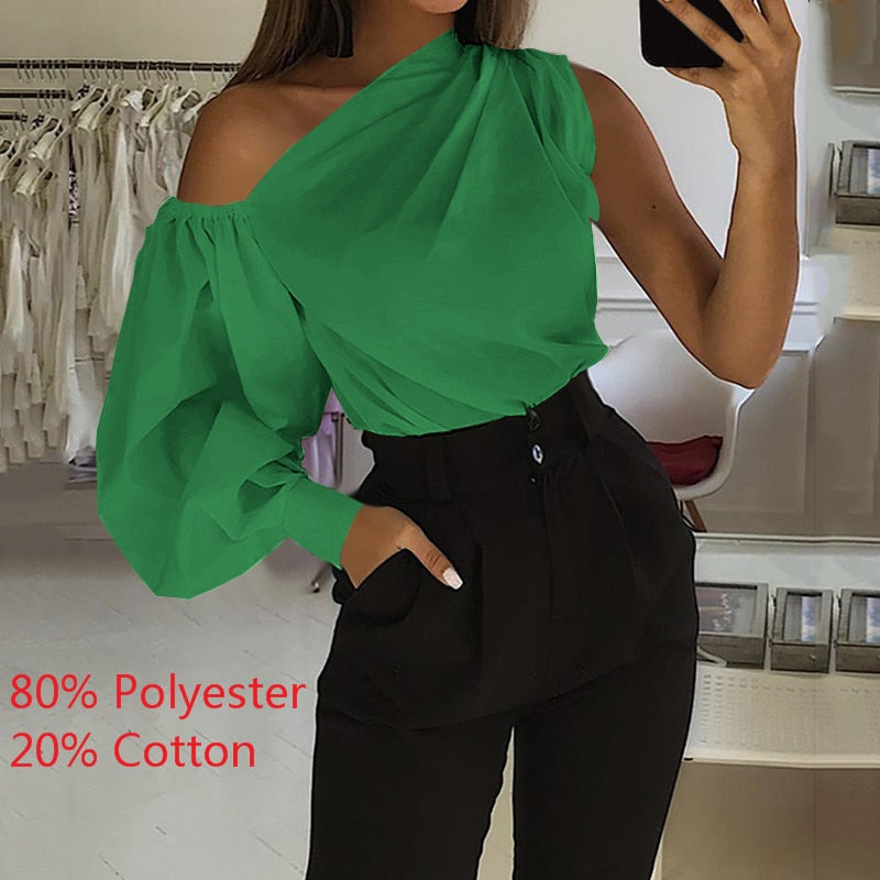 Lantern Sleeve Asymmetrical One Shoulder Loose Blouse