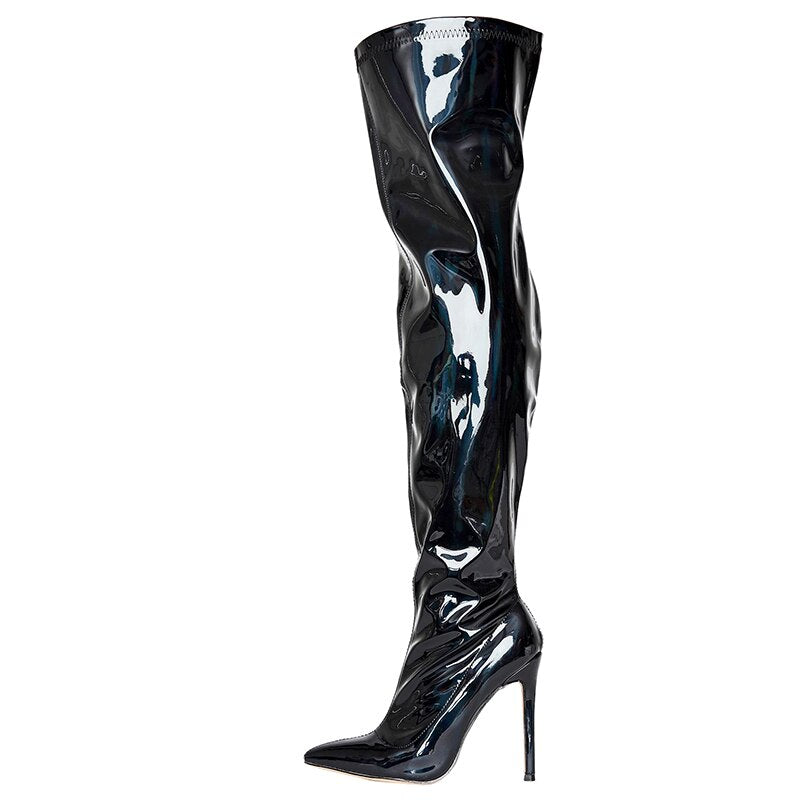 Over Knee Rainbow Patent Leather Pointed Toe Stiletto Heel Side Zipper Boots