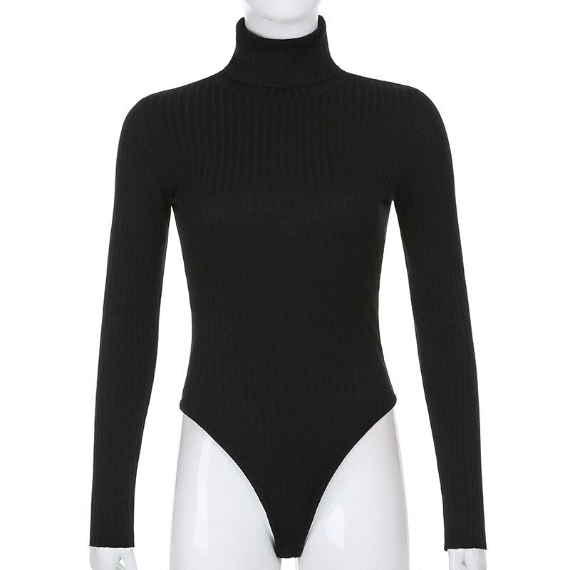 Ribbed Knitted Long Sleeve Turtleneck Bodysuit