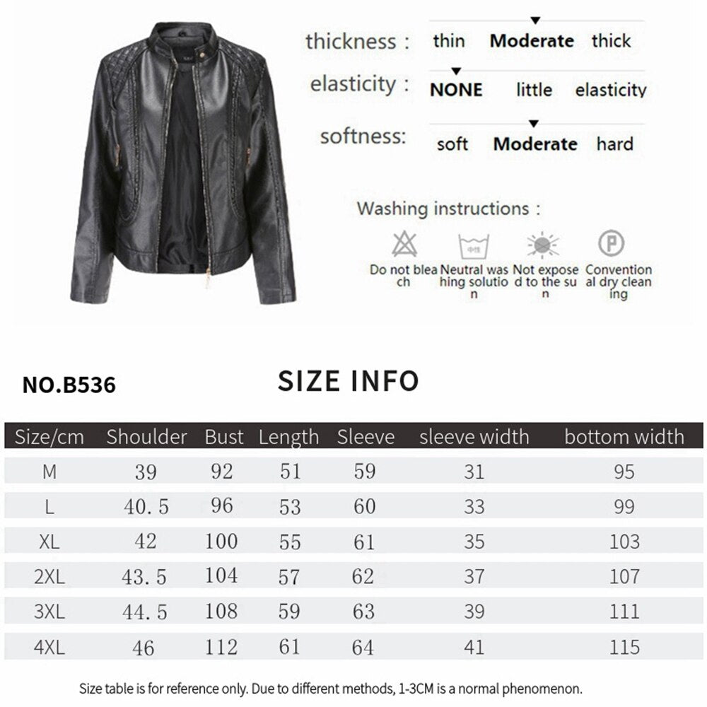 Solid Zipper Women's PU Leather Mandarin Collar Motorcycle Biker Jacket