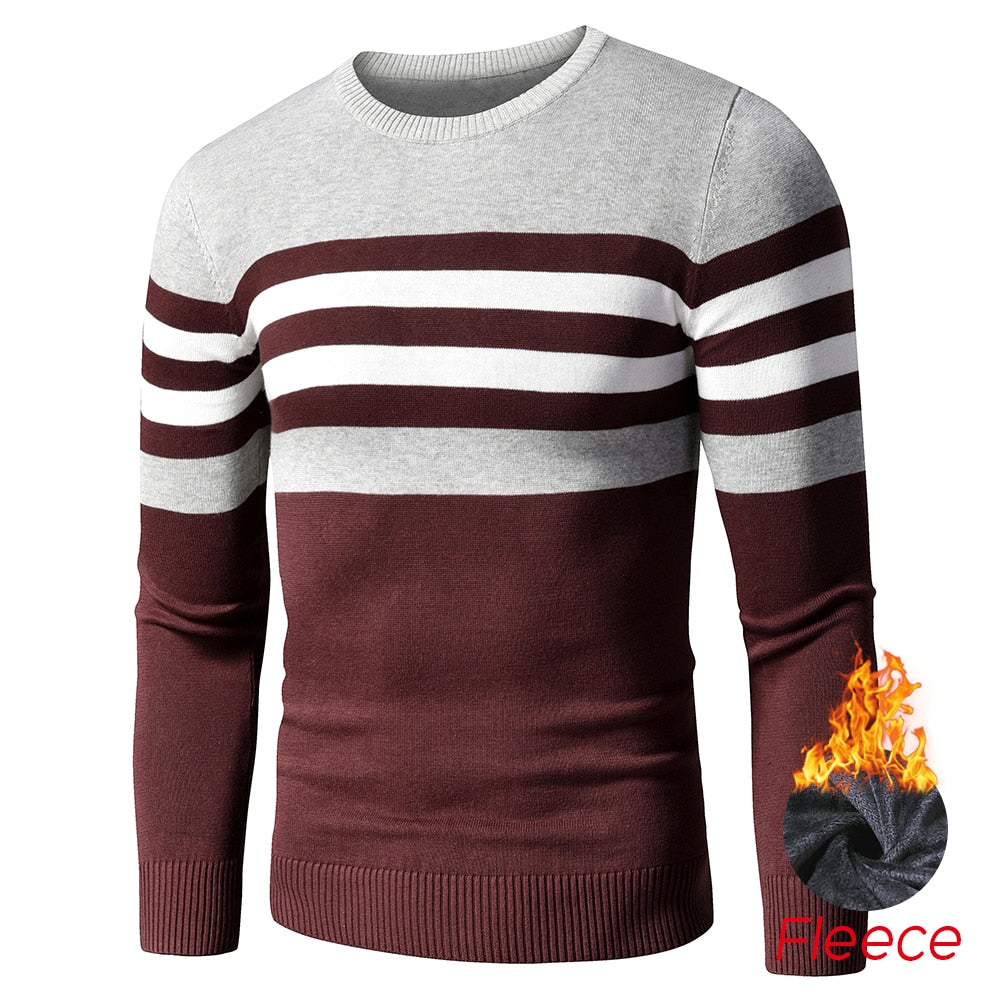 Men's Striped Fleece Cotton Pullover O-Neck Sweater