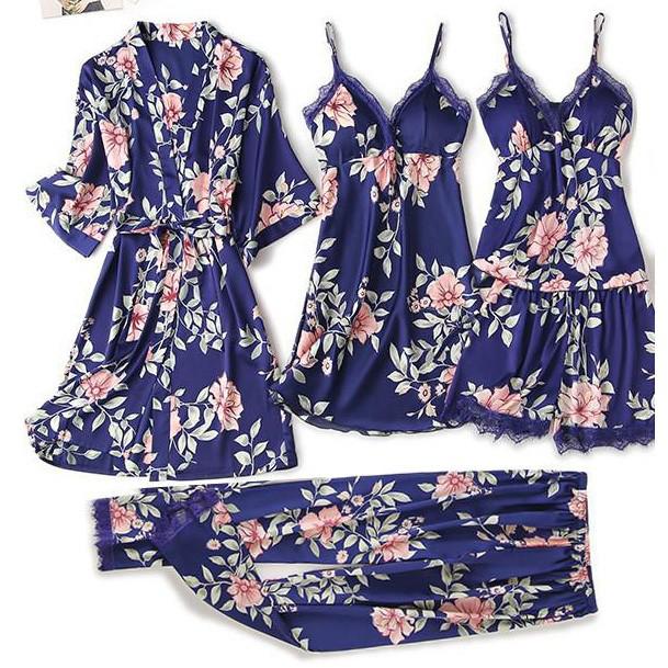 Satin Women's Sleepwear Set/Pajamas: Kimono Gown, Lace Intimate Lingerie Hollow Out Camisole, and Matching Lingerie Top w/ Shorts & Silky Pajama Pants