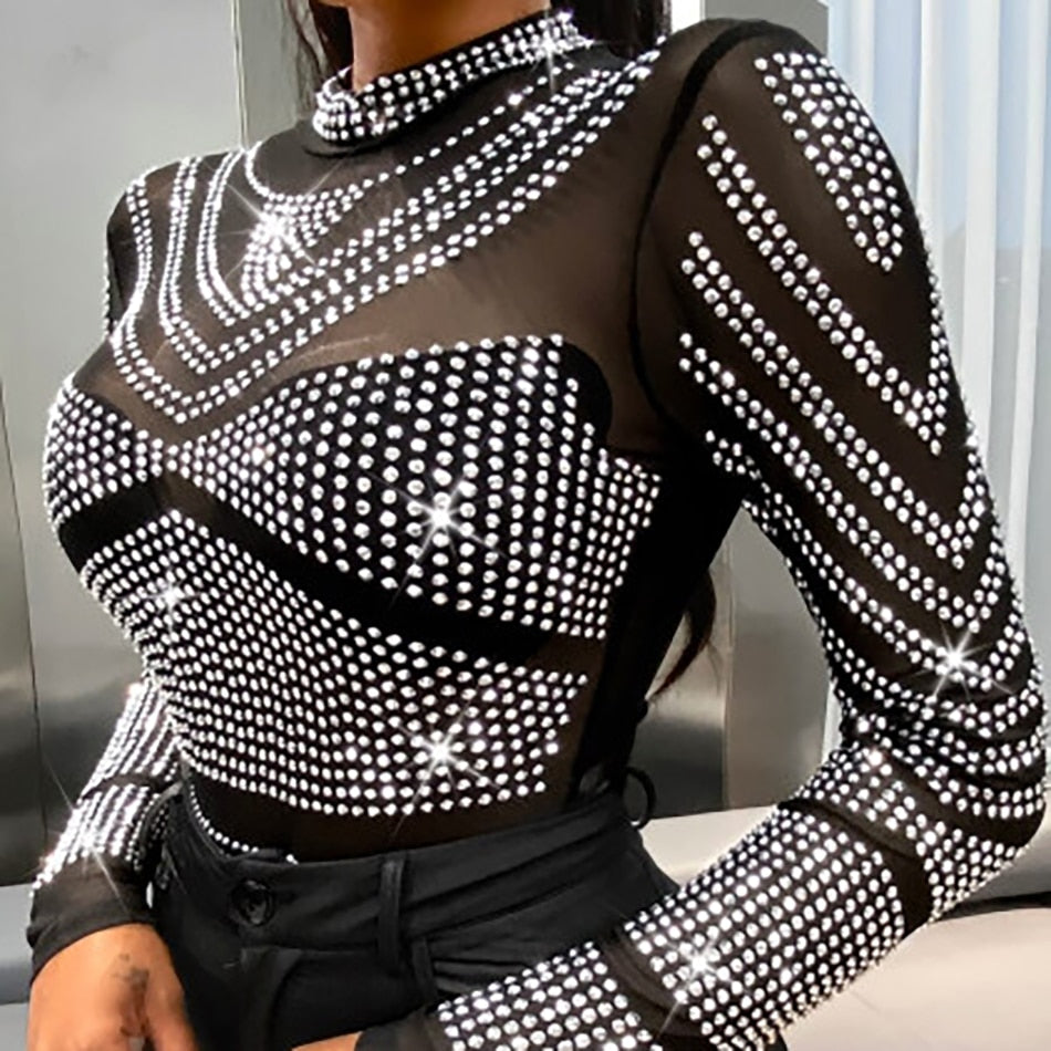 Transparent Mesh Long Sleeve Sheer Rhinestone Bodysuit