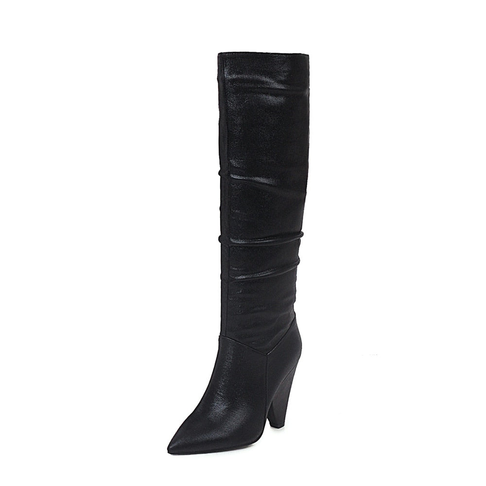 Metallic Western Pleated Sequined Cloth Knee High Ladies Pointed Toe Boots