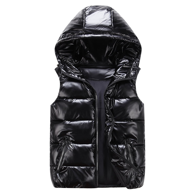 Hooded Ladies Padded Sleeveless Shiny Puffer Vests