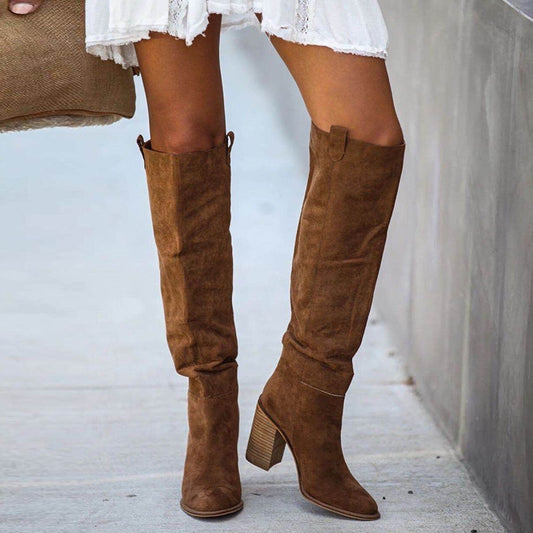 Western Retro Suede Women's Solid Knee-High Boots