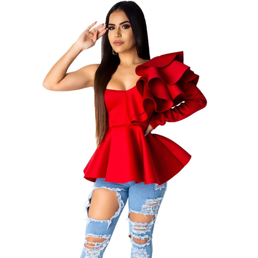 One Shoulder Solid Color Layered Ruffle Long Sleeve Peplum Blouse