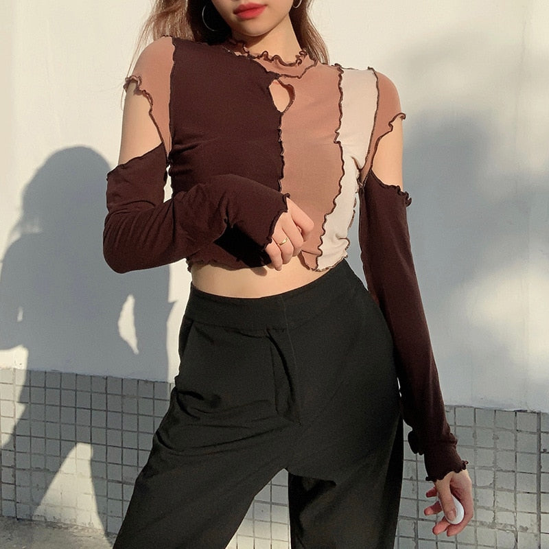 Frill Cut-Out Long Sleeve Colorblock Cropped Top