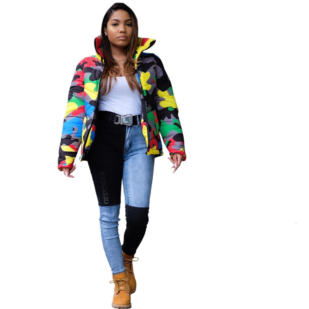 Colored Camoflauge Print Bubble Puffer Women's Bomber Jacket