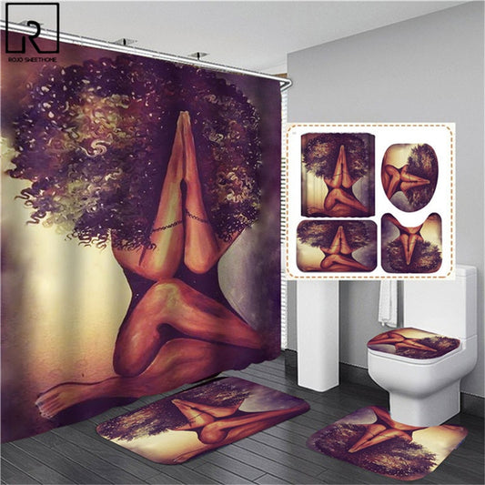 Black Woman Printed Shower Curtain w/ 12 Hooks Bathroom Bath Mat Set Toilet Cover 1/3/4 PCS