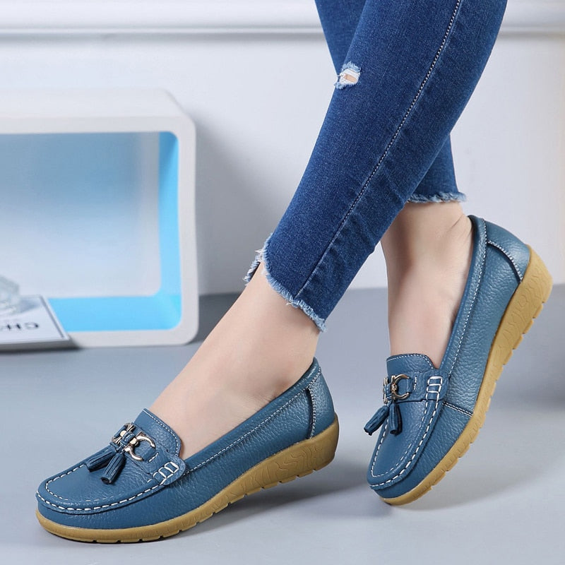 Women's Genuine Leather Flat Loafer Moccasins Slip On Shoes Plus Size