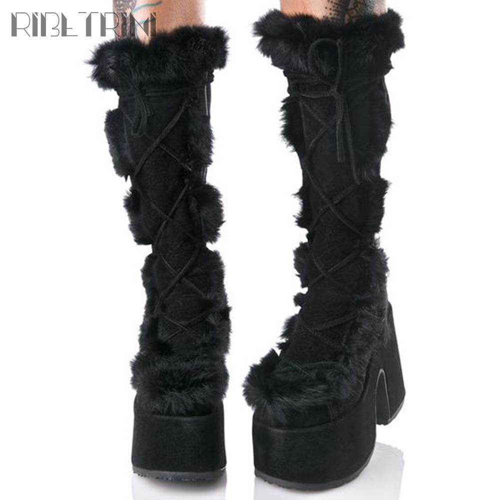 Fur Gothic Chunky Heel Platform Boots