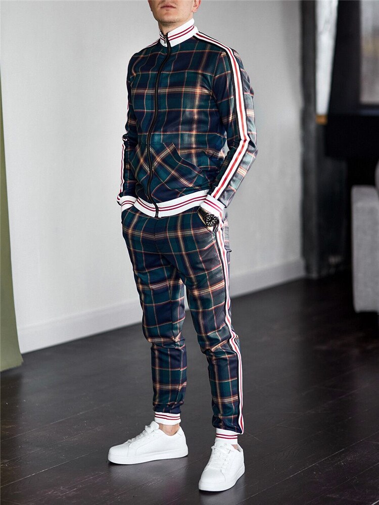 Men's Plaid/Geometric O-Neck Printed Zipper Jacket Tracksuits